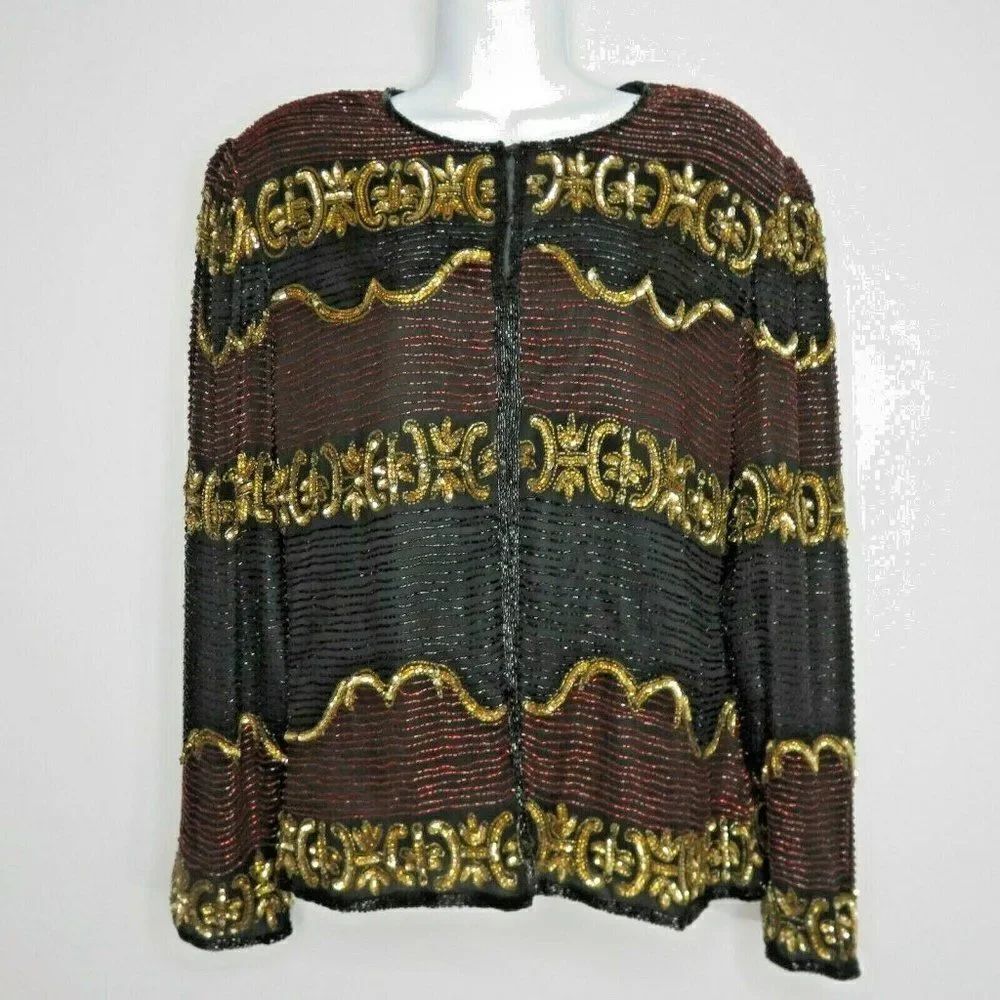 Lawrence Kazar Vintage Beaded Sequined Black Gold Red Silk Blazer Jacket Size M